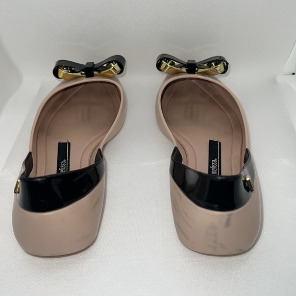 Melissa Queen IV blush black peep toe front bow ballerina flats Sz 6 - Picture 5 of 13